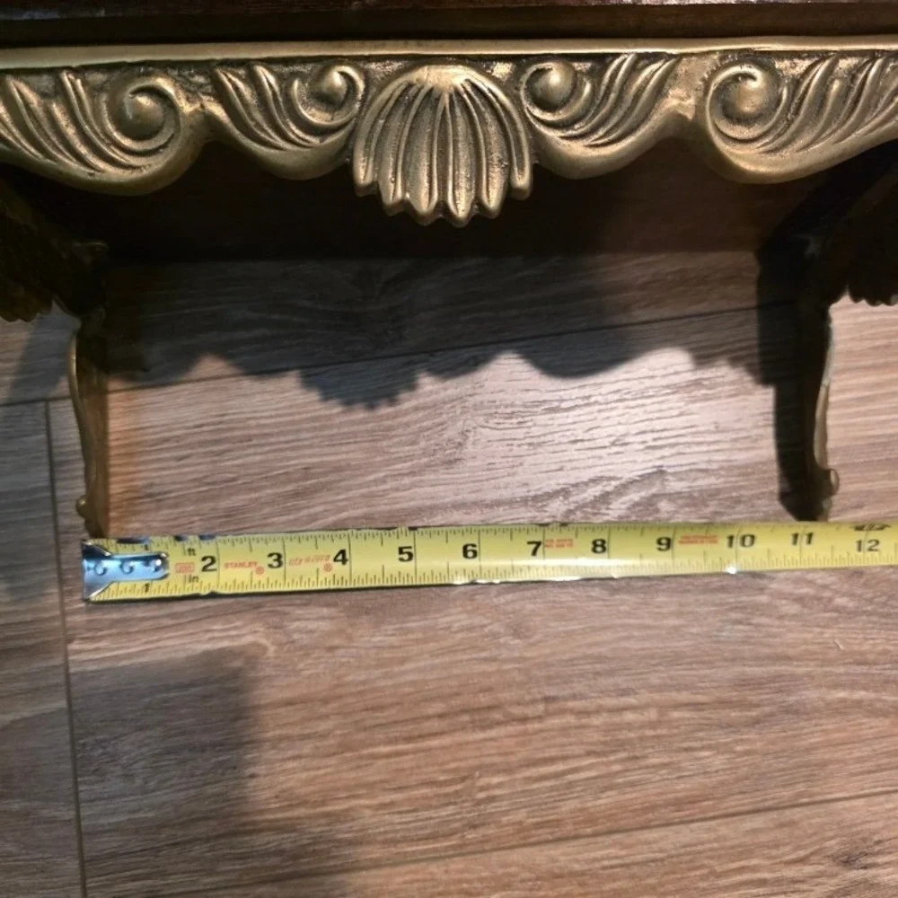 Vintage MCM Brass and Wood Wall Shelf, Ornate Asian Wall Display, Shelving